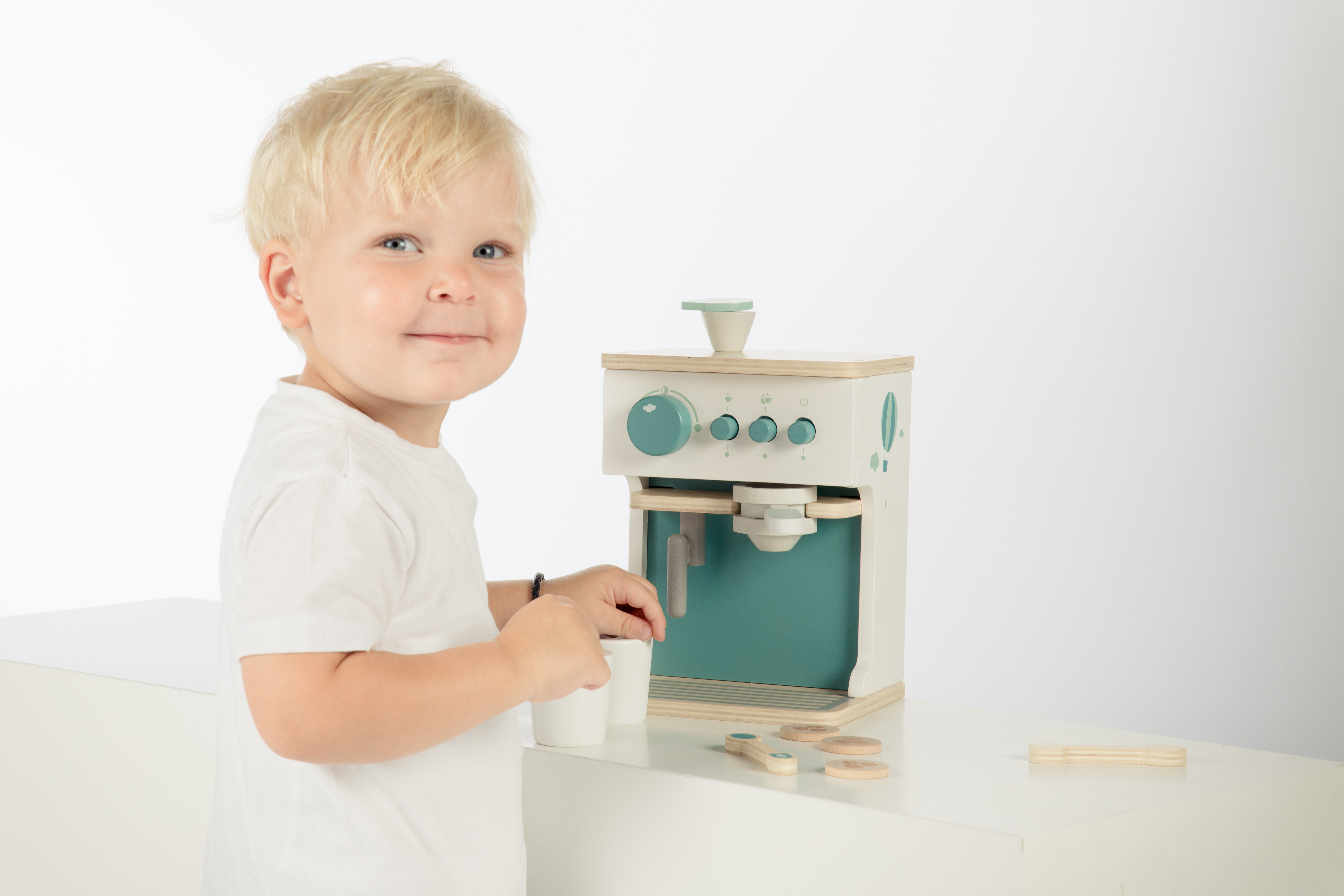 Kaffeemaschine Espresso Kinder Holz Label Label Türkis