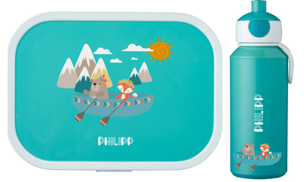 Set Bentobox Trinkflasche personalisiert Kinder Fuchs Bär