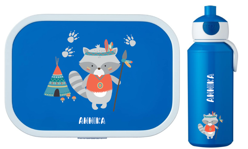 Set Bentobox Trinkflasche personalisiert Kinder Waschbär