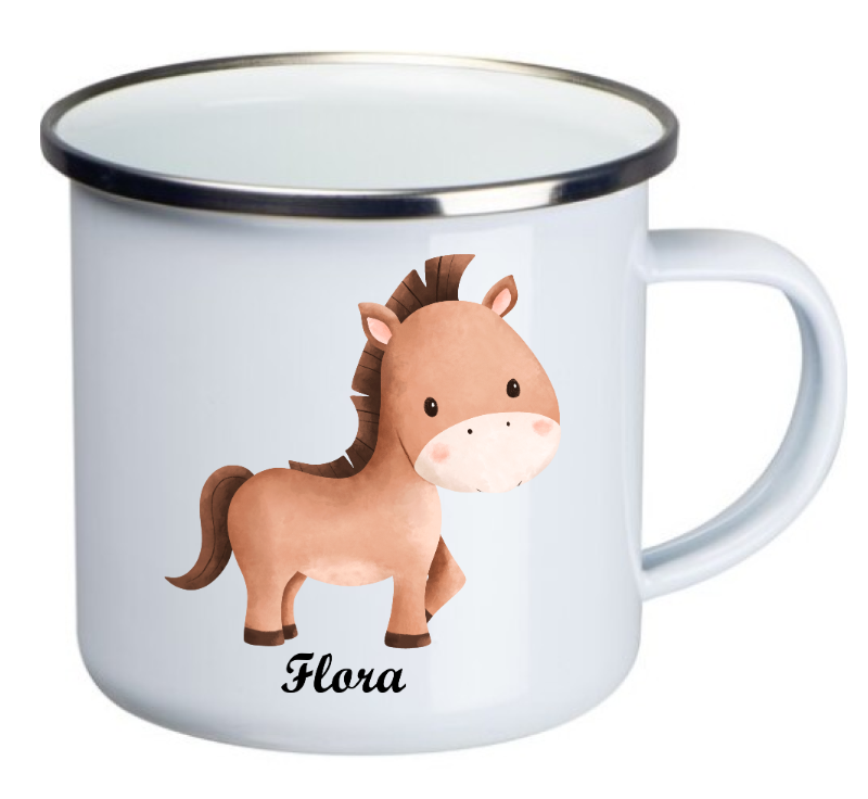 Kinder Emaille-Tasse personalisiert Pferd