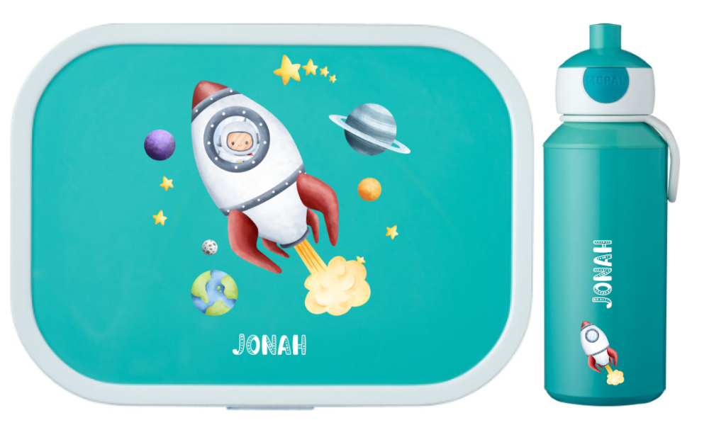 Set Trinkflasche Kinderbrotdose Kinder mit Namen Astronaut Rakete