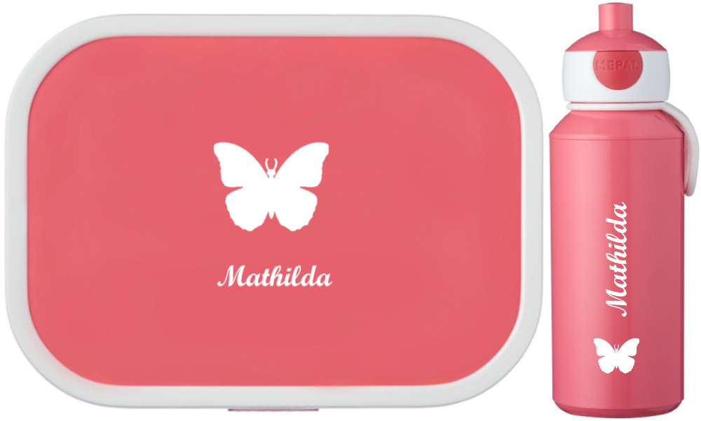 Set Trinkflasche Bentobox mit Namen Kinder Schmetterling