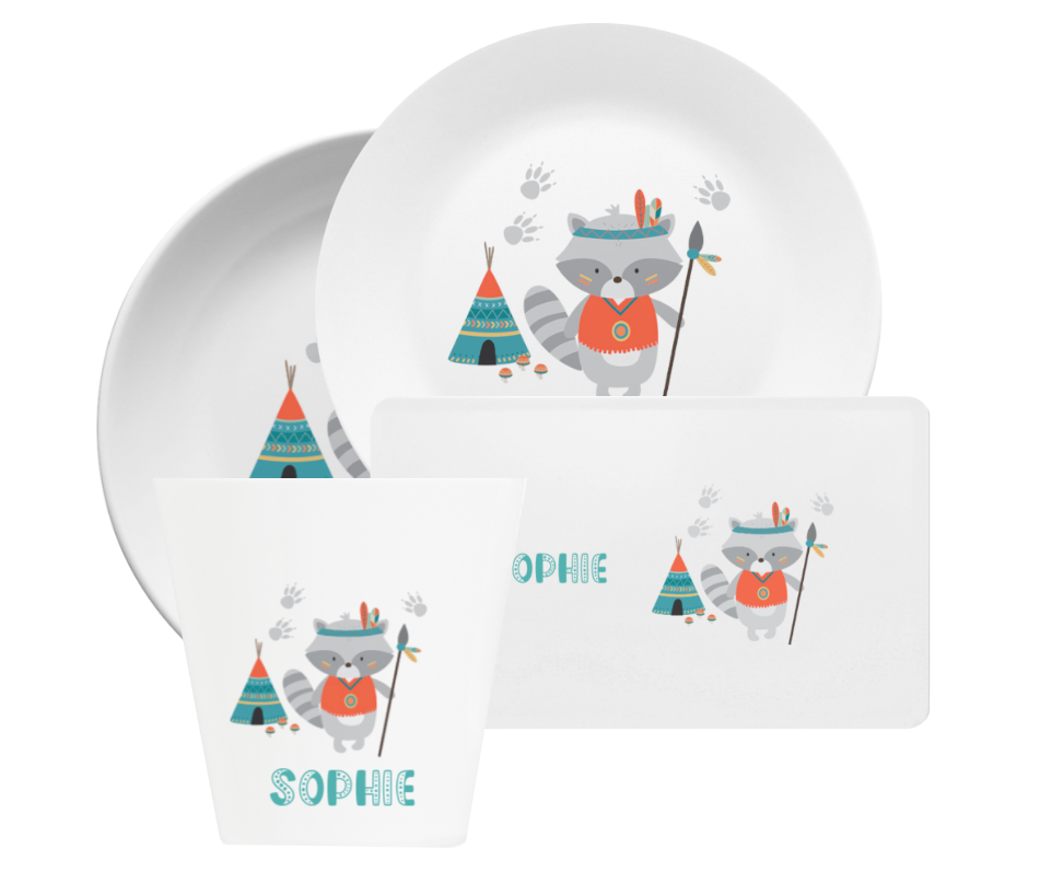 Set Geschirr personalisiert Kinder Waschbär Set Geschirr personalisiert Kinder Waschbär